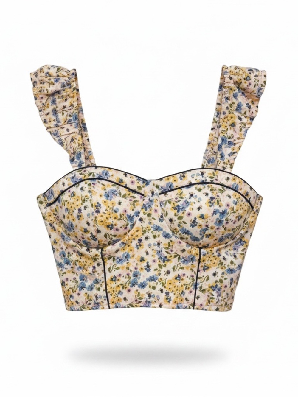Floral Ruffle-Strap Bustier Crop Top - Yellow & Blue